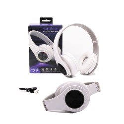 LUMINOUS WIRELESS HEADPHONE T39 TF/MICRO SD/HANDS-FREE WITH COLORFUL LED AND NOISE-CANCELING FEATURE 400MAH WHITE LUMINOUS WIRELESS HEADPHONE T39 TF/MICRO SD/HANDS-FREE WITH COLORFUL LED AND NOISE-CANCELING FEATURE 400MAH WHITE